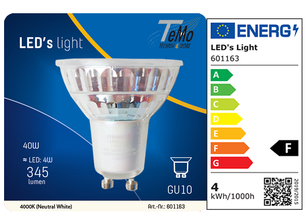 1 STÜCK (VPE) SHADA LED Spot GU10 360lm 4W, neutralweiss 4000K, MR16 klar, EEC: F (0601163)